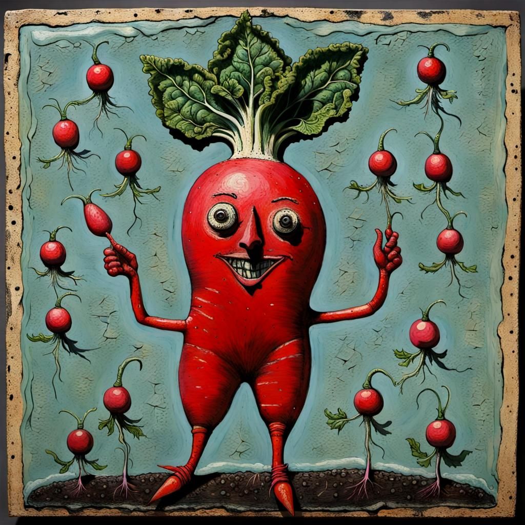 Diabolical Radish Man in Humorous Encaustic Style