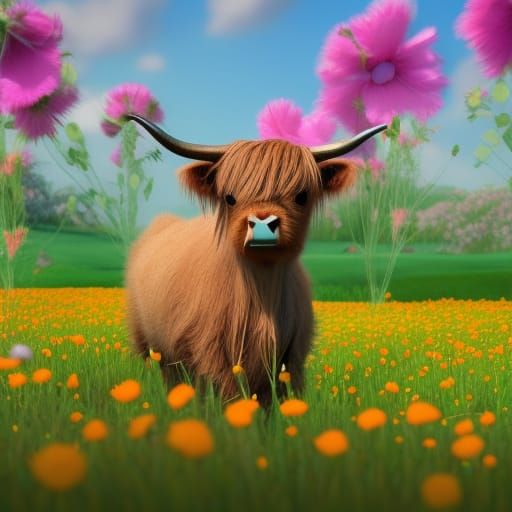 Baby Highland Cow in Field: 3D Digital Art