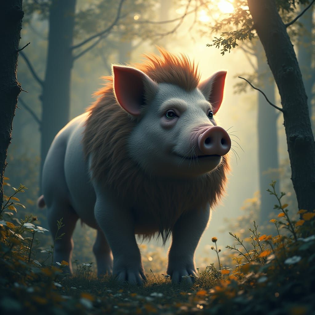 Half-Pig, Half-Lion Creature in Misty Forest
