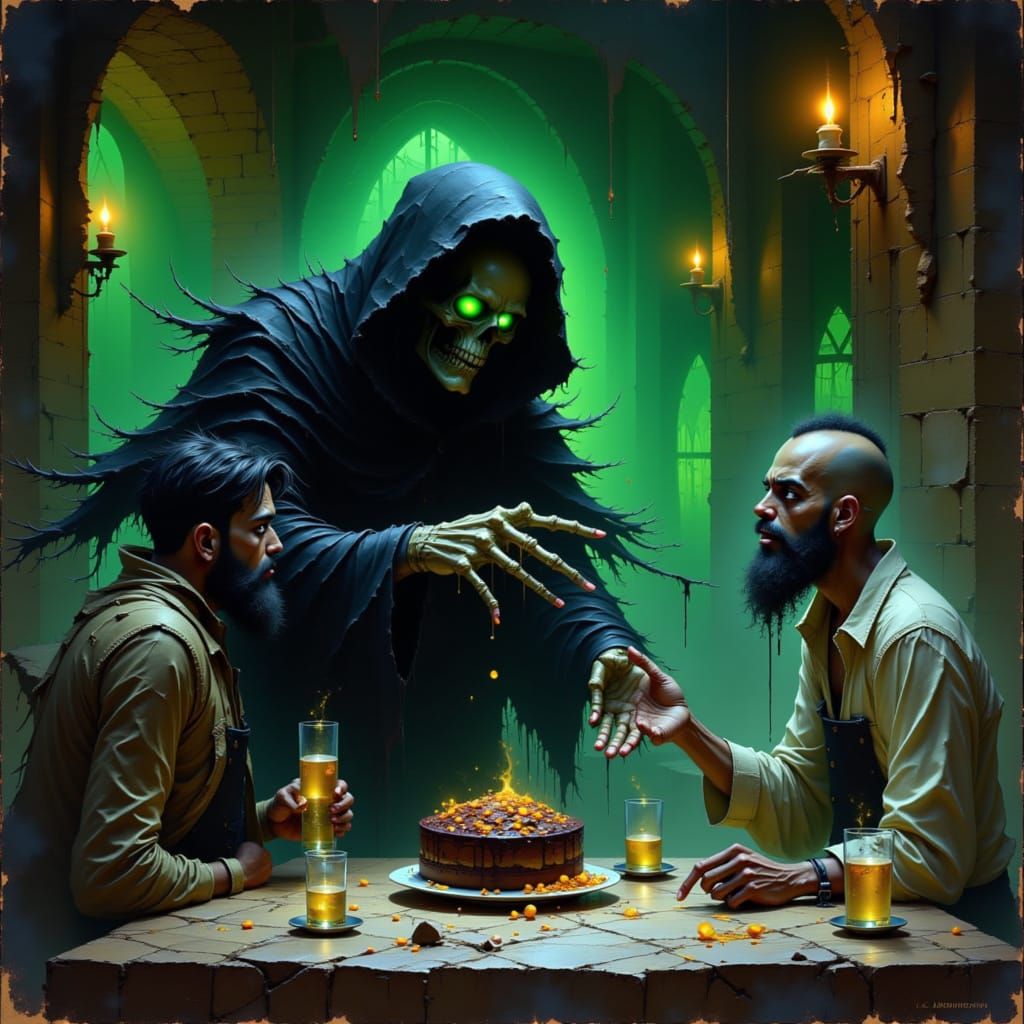 Grim Reaper Offers Cake or Death in Tavern