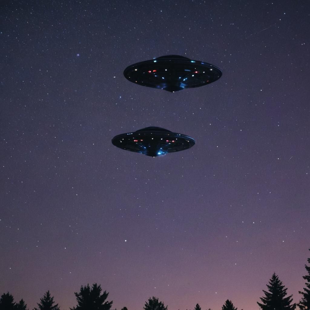 Dramatic Night Sky Scene with Two UFOs