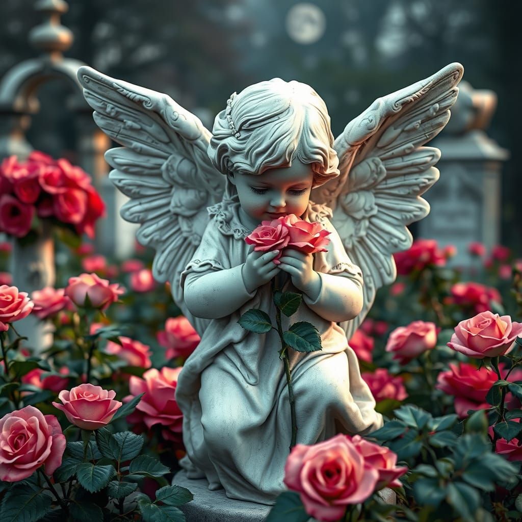 Gothic Angel Statue Picking Roses in Cemetery
