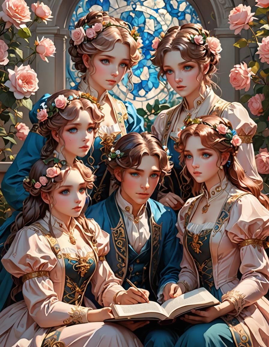 Triplets Reading in Rose Garden, Art Nouveau Style