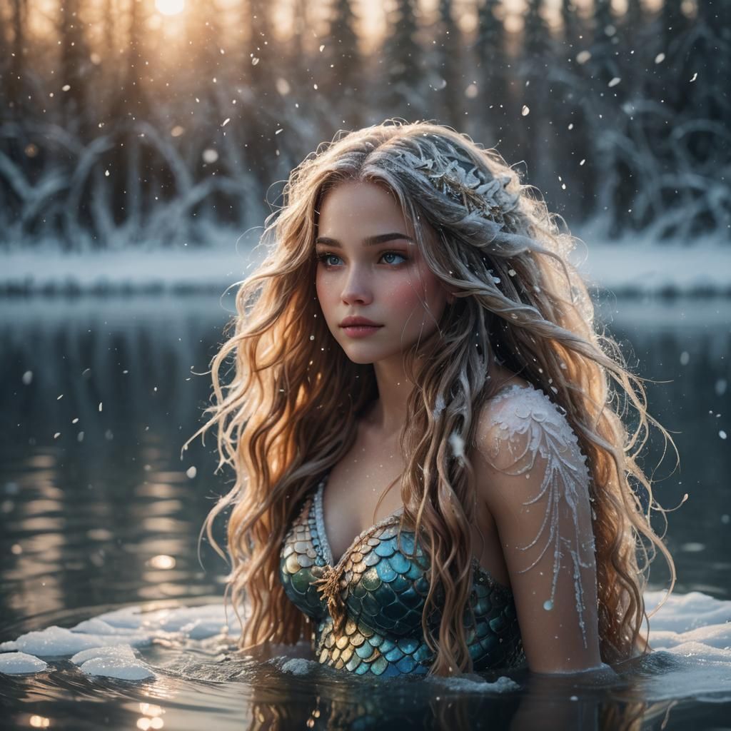Serene Winter Lake Mermaid in Macro Photography Style