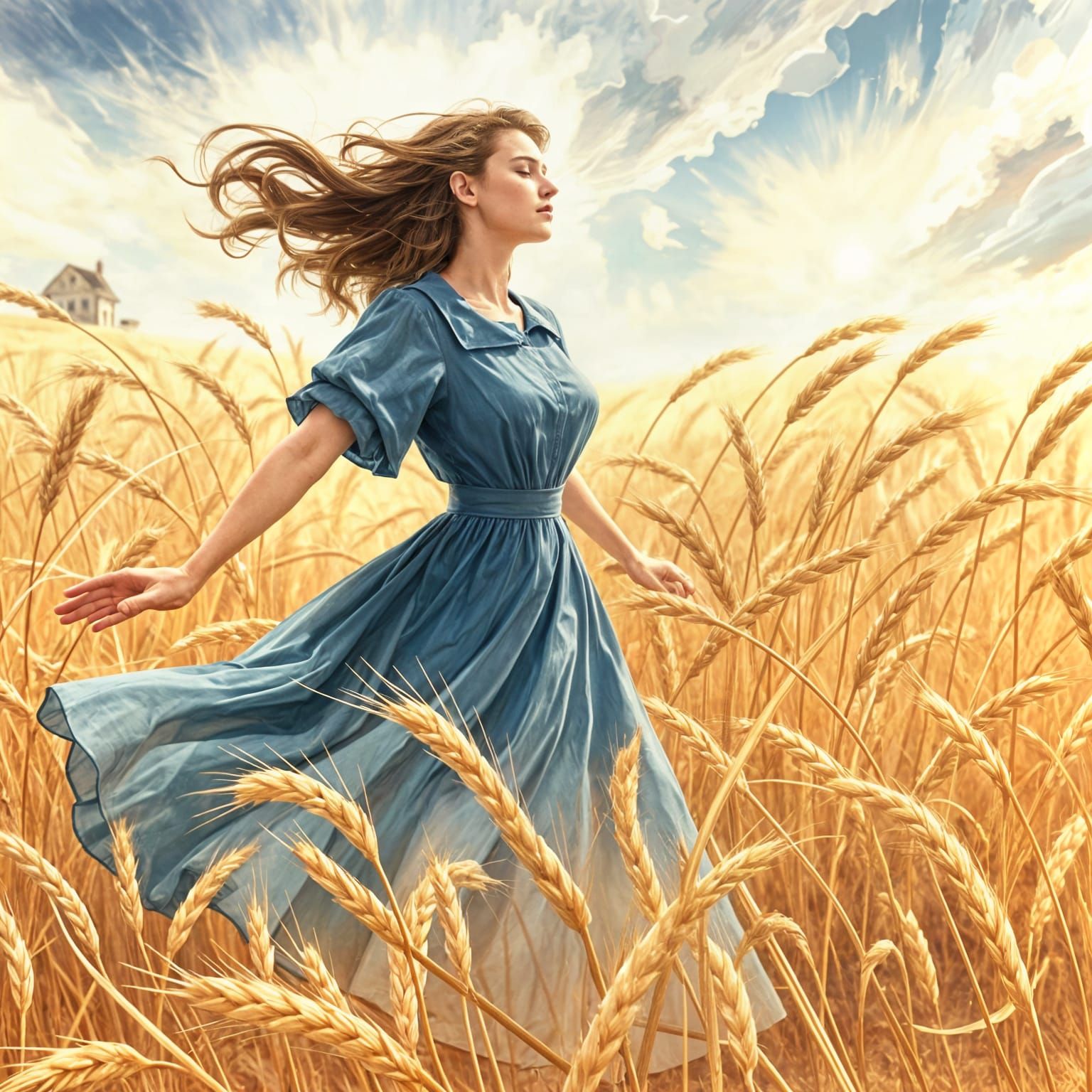 Woman Embraces Wind in Wheat Field Illustration