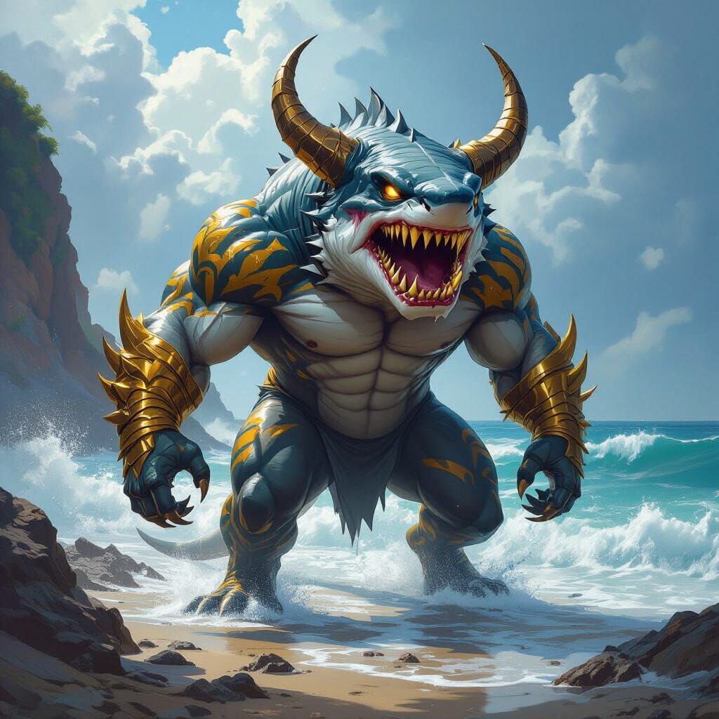 Fearsome Shark-Tiger Hybrid with Devil Horns and Gold Teeth