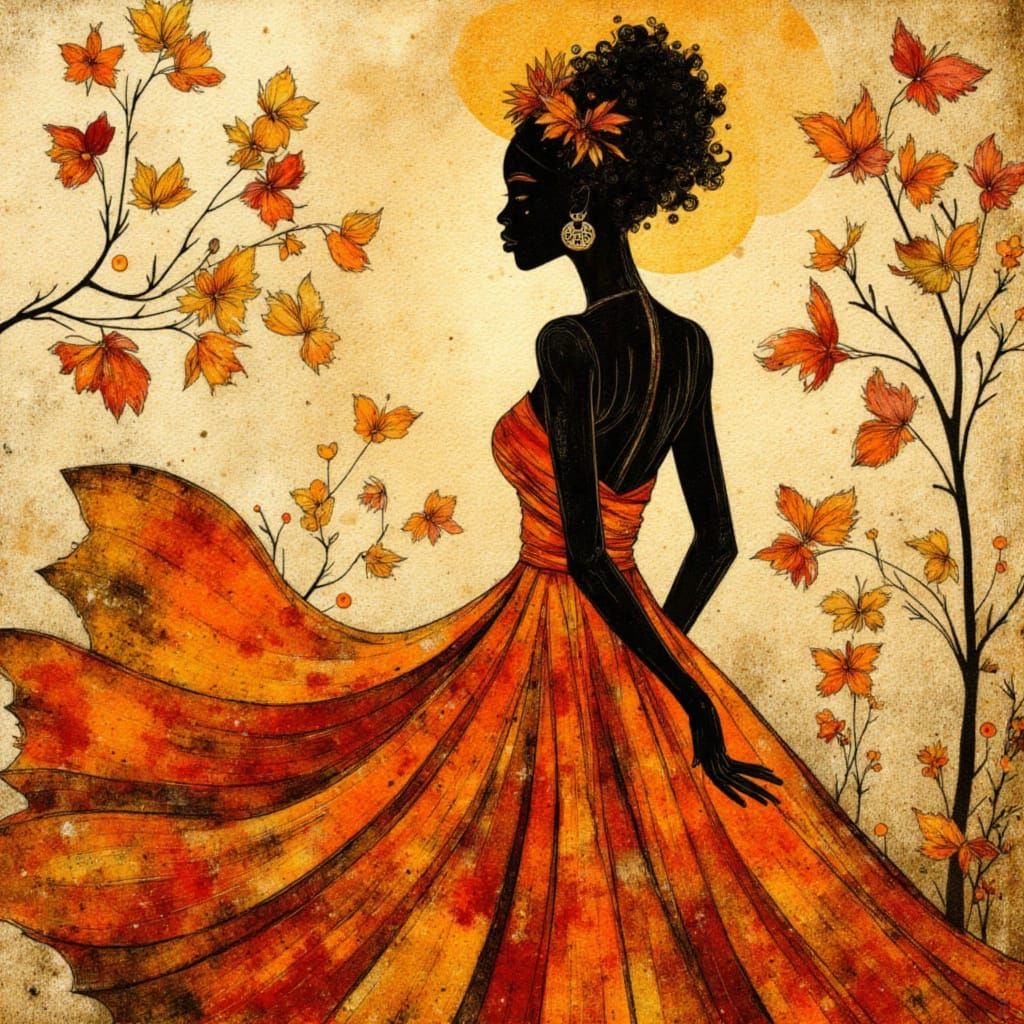 African Princess Silhouette with Hearts, Encaustic Impasto S...
