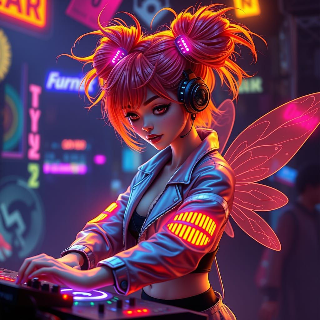 Electric Fairy DJ in Cyberpunk Rave Scene