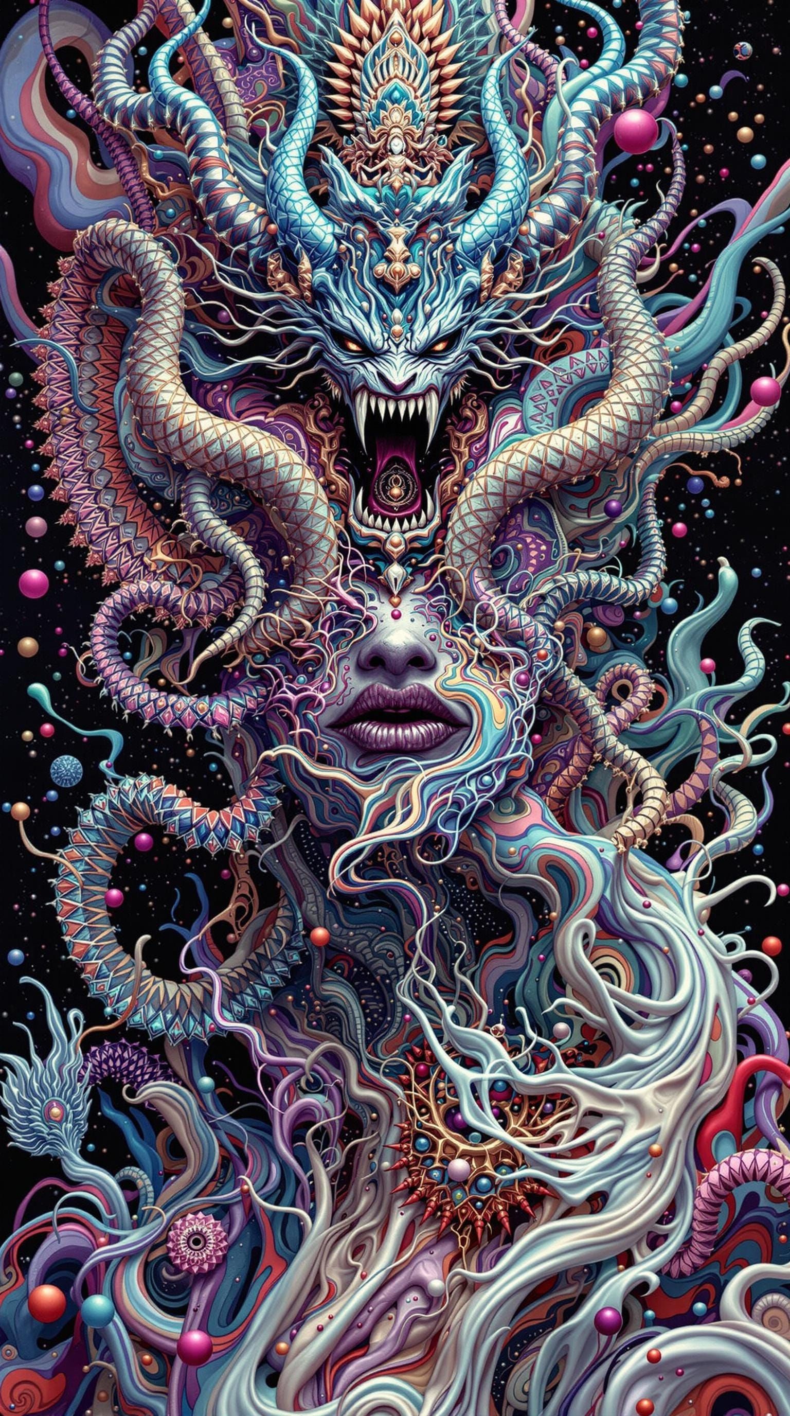 Psychedelic Glitch Party with Mythical Creatures in 3D