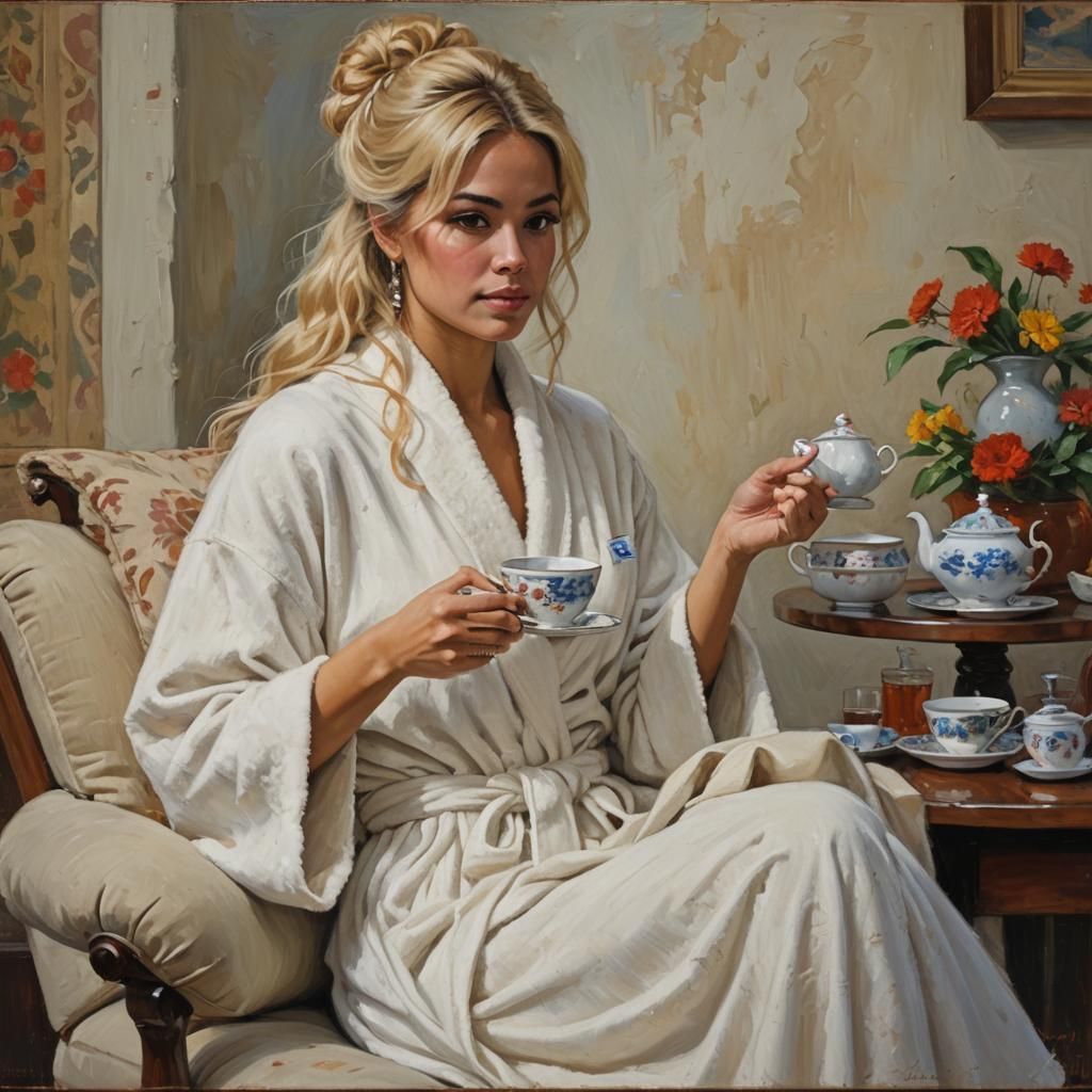 Latina in White Robe Having Tea