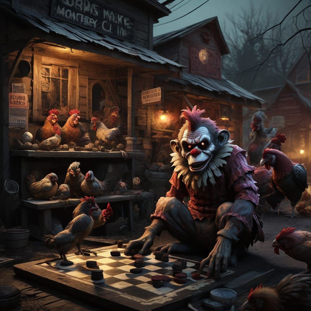 Grotesque Clown Zombies Play Checkers in Front of a Weathere...