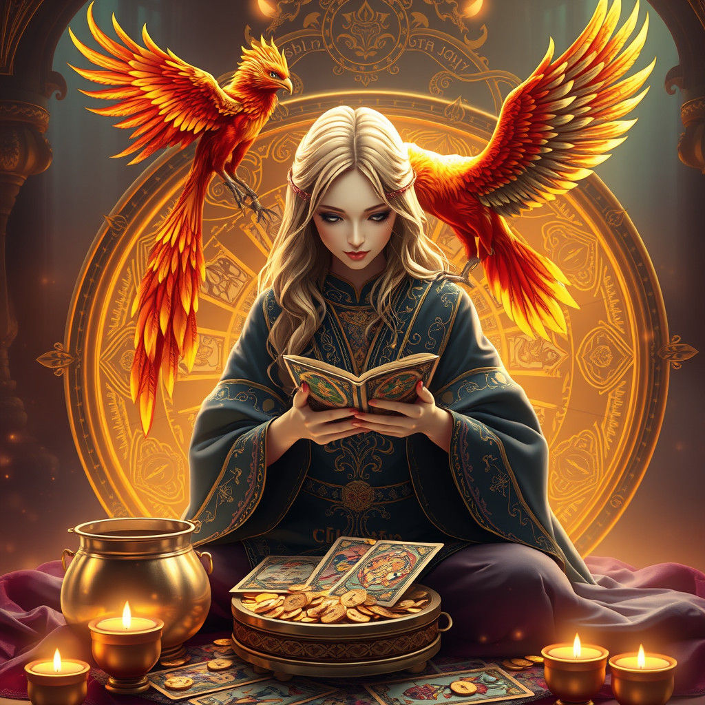 Mystical Tarot Reader with Phoenix in Anime Style