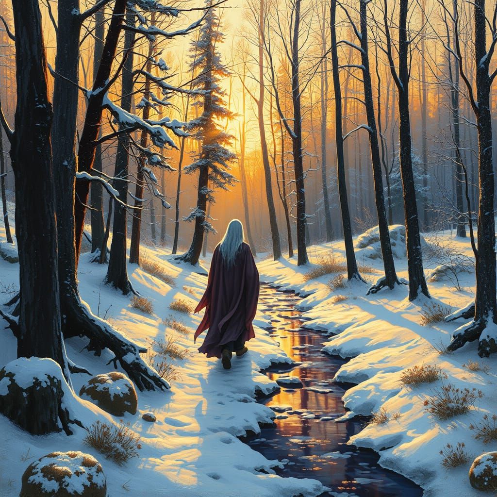 Spectral Spirit in Winter Forest, Impressionist Style