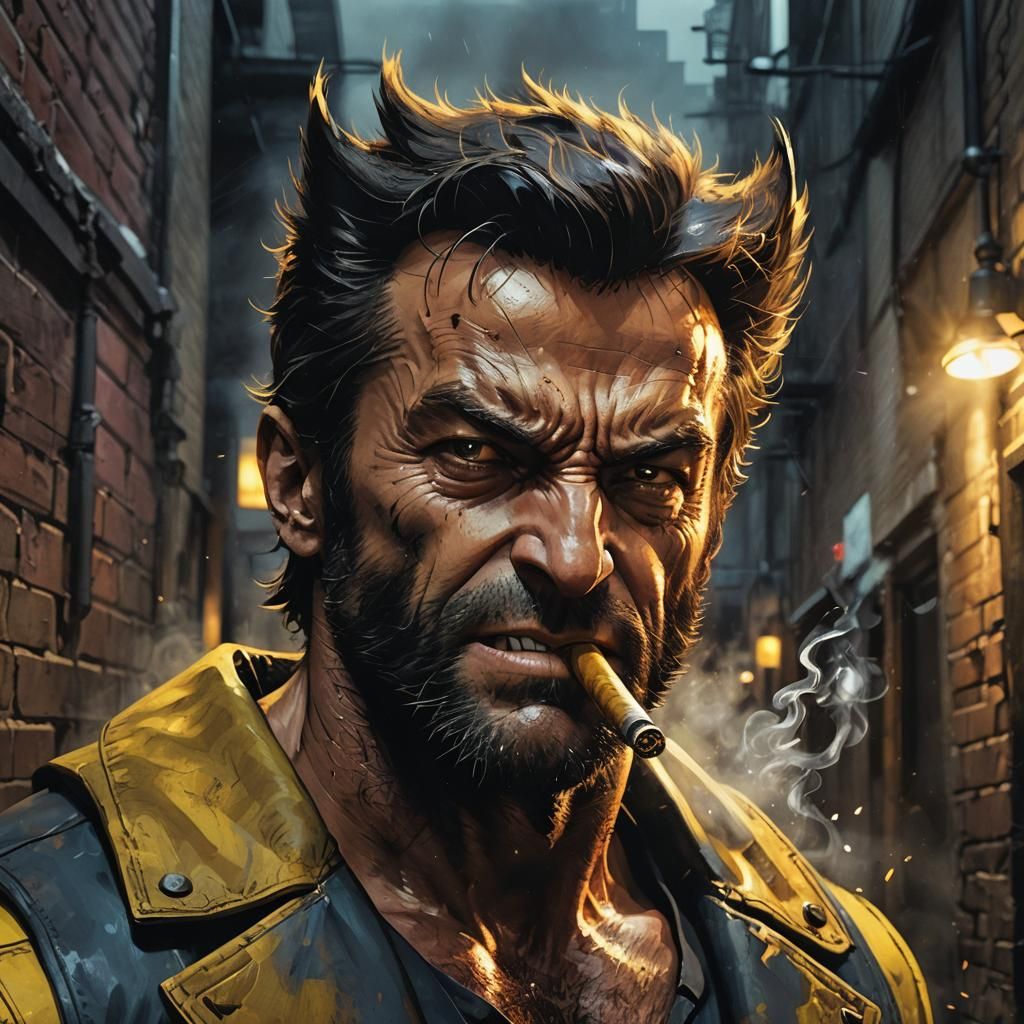 Wolverine Smoking Cigar in Gritty Alleyway Digital Art