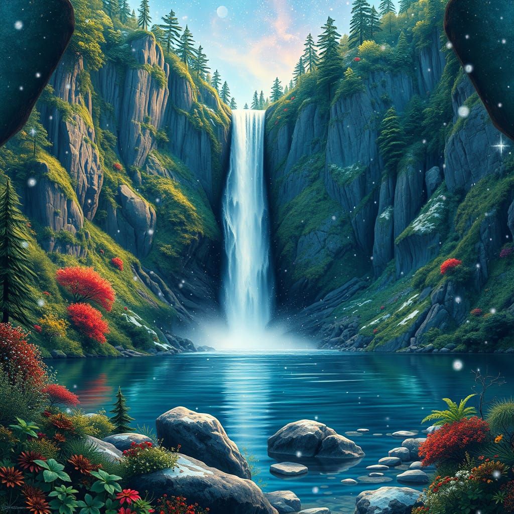 Dreamlike Waterfall Scene in Vibrant Cosmic Landscape