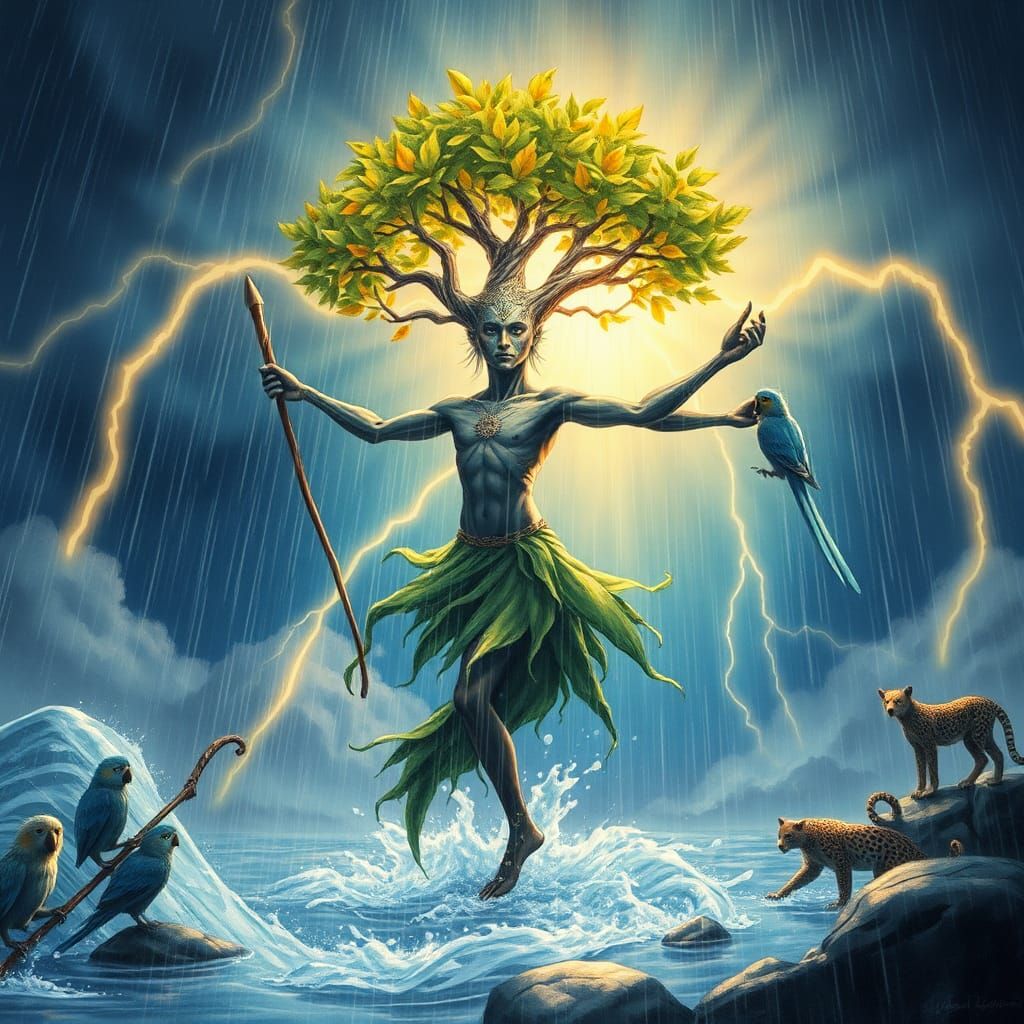 Rain Dancer in Great Flood: Vibrant Watercolor Art