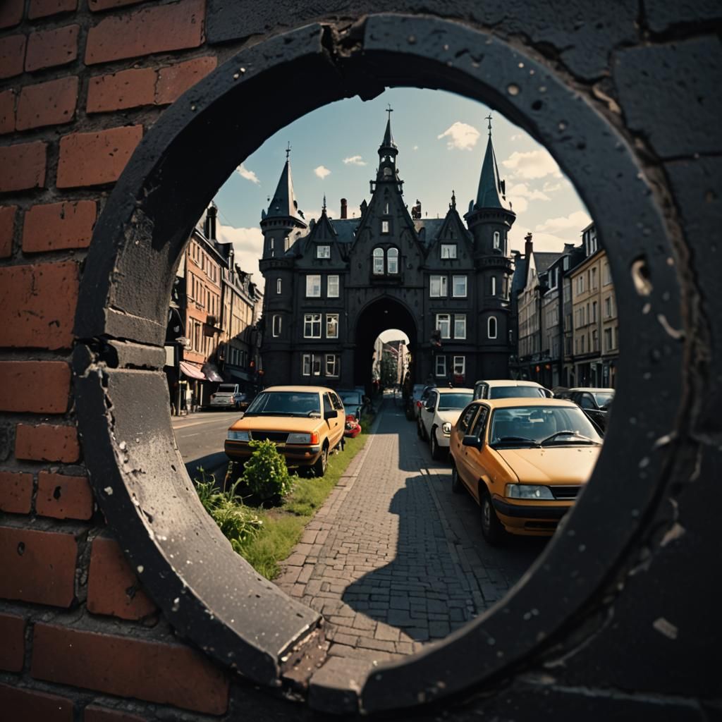 Surreal 80s Cityscape Through a Dark Keyhole