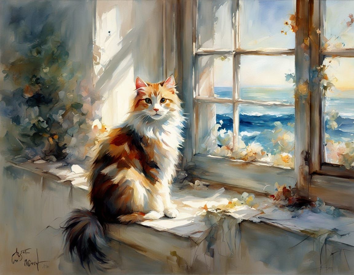 Elegant Long-Haired Cat Basks in Ocean Light