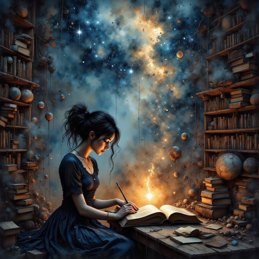 Cosmic Librarian Reads Ancient Tome in Space