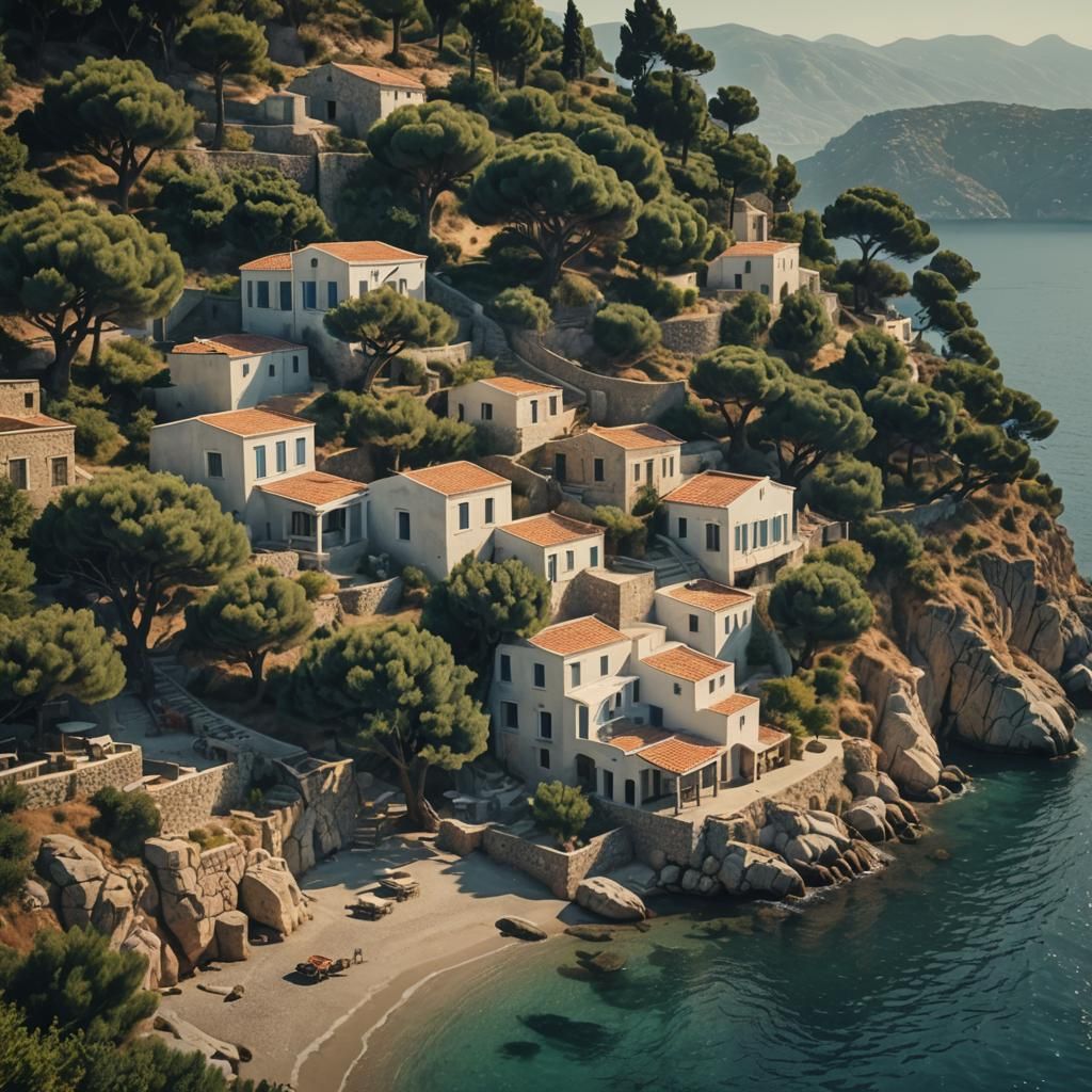Picturesque Seaside Greek Village in Photorealistic Style