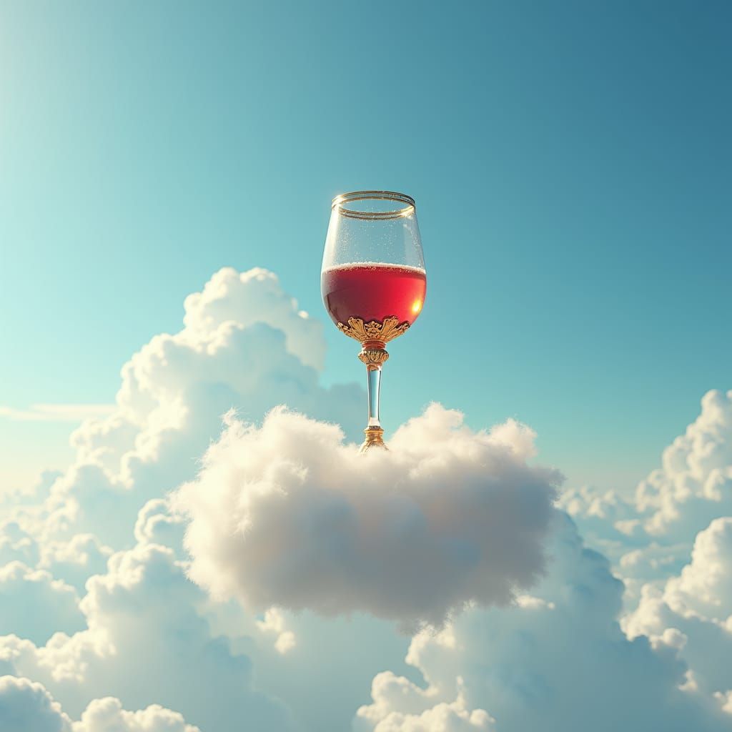 Golden Wine Glass on Cloud in Surreal Sky