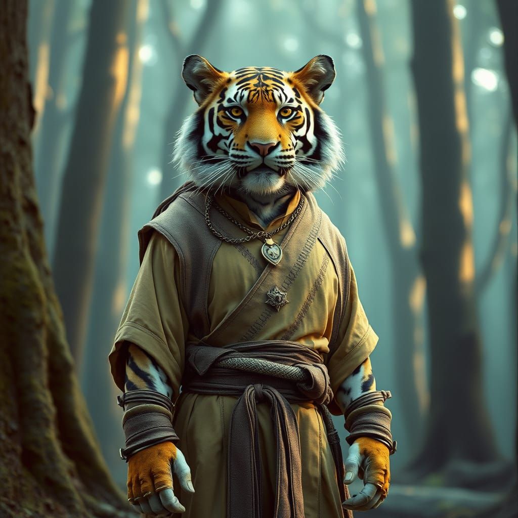 Anthropomorphic Tiger Psion in Mystical Forest, Cinematic St...