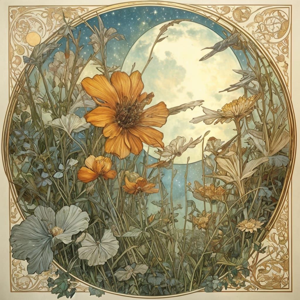 Magical Landscape with Strange Plants and Shooting Stars