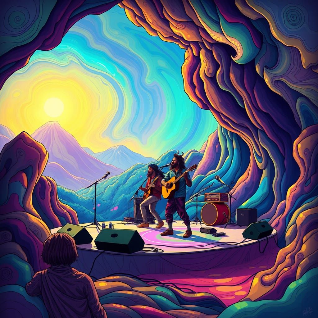 Psychedelic Reggae Performance in Vibrant, Dreamlike Landsca...