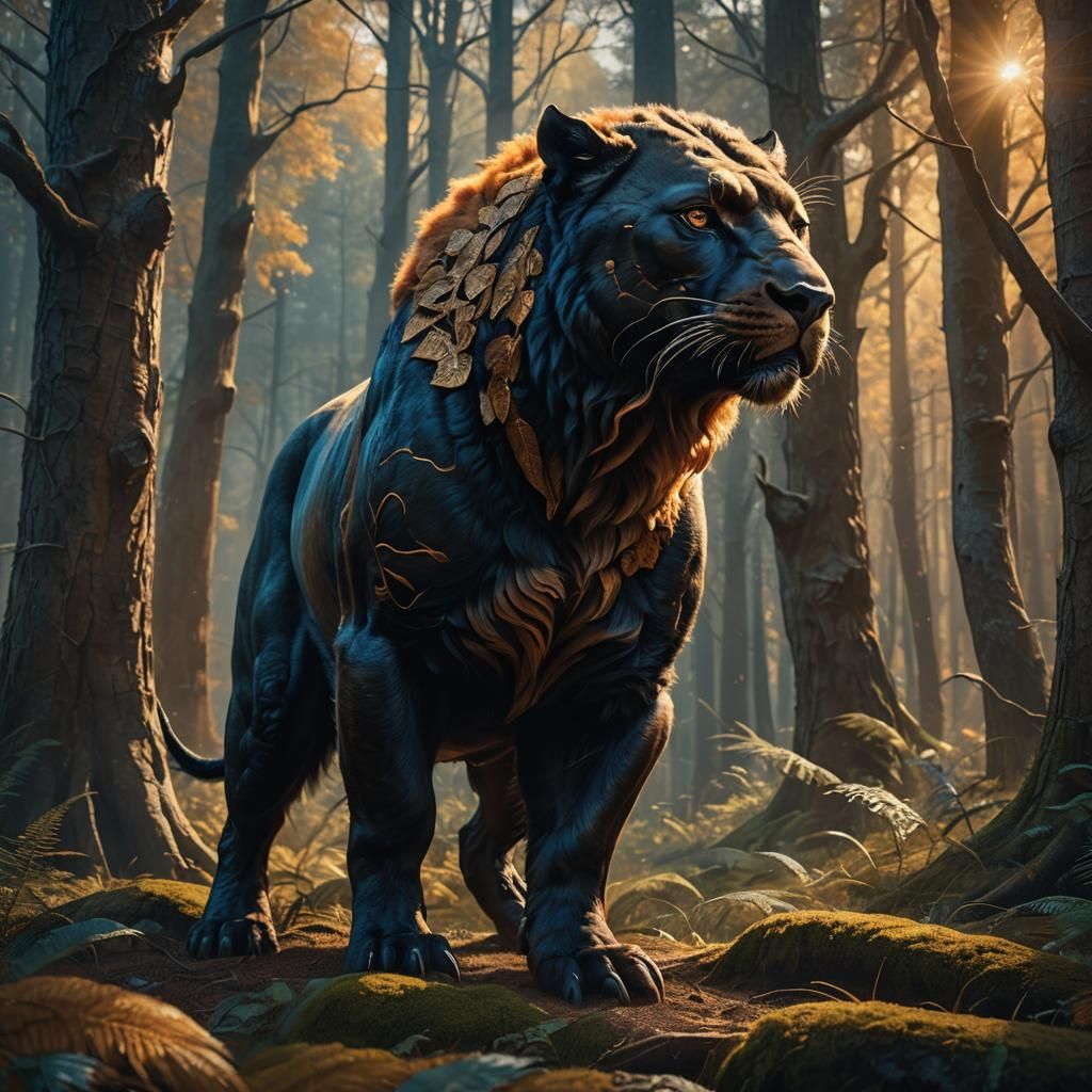 Buffalo-Panther Creature in Forest: Fantasy Matte Painting