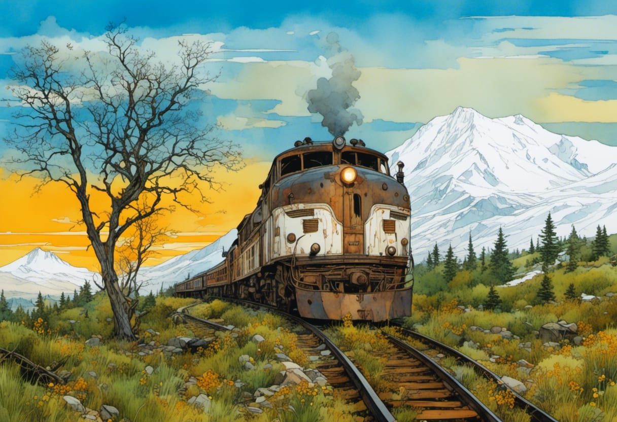 Diesel Train at Sunset in Art Deco Style