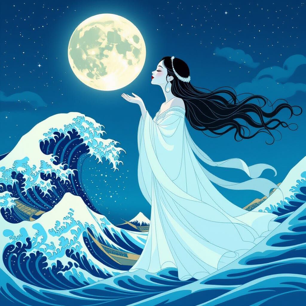 Lunar Woman Kisses Sea in Dreamy Fantasy Art Style