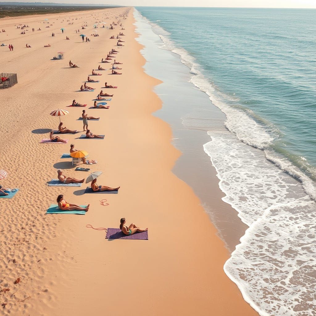 A beach scene with sunbathers, colorful umbrellas, and gentl...