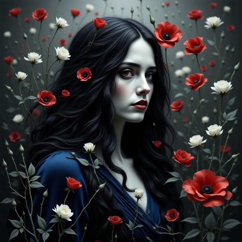 Gothic Maiden with Roses and Poppies