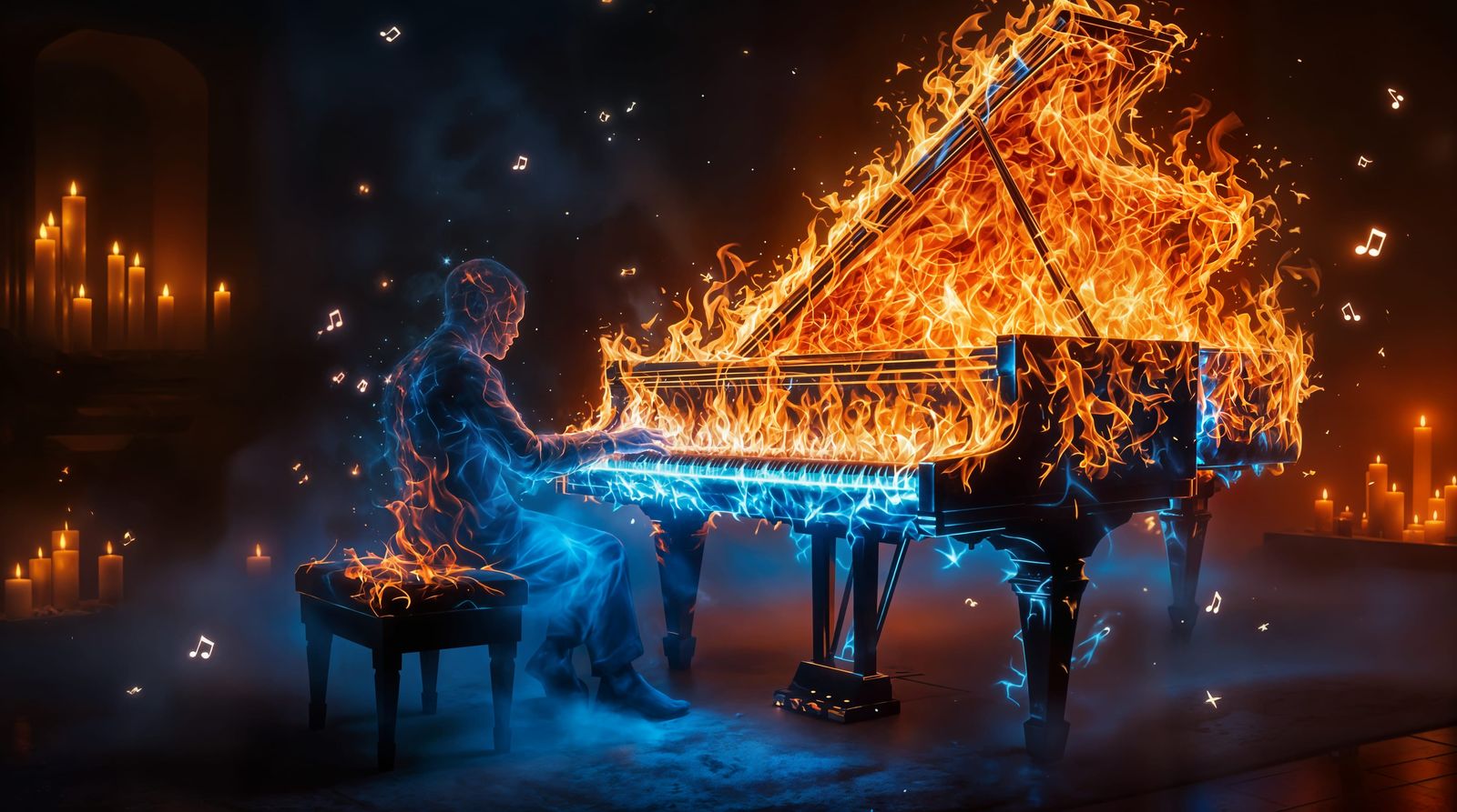 Surreal Scene of Grand Piano Made of Flames in Candlelit Roo...