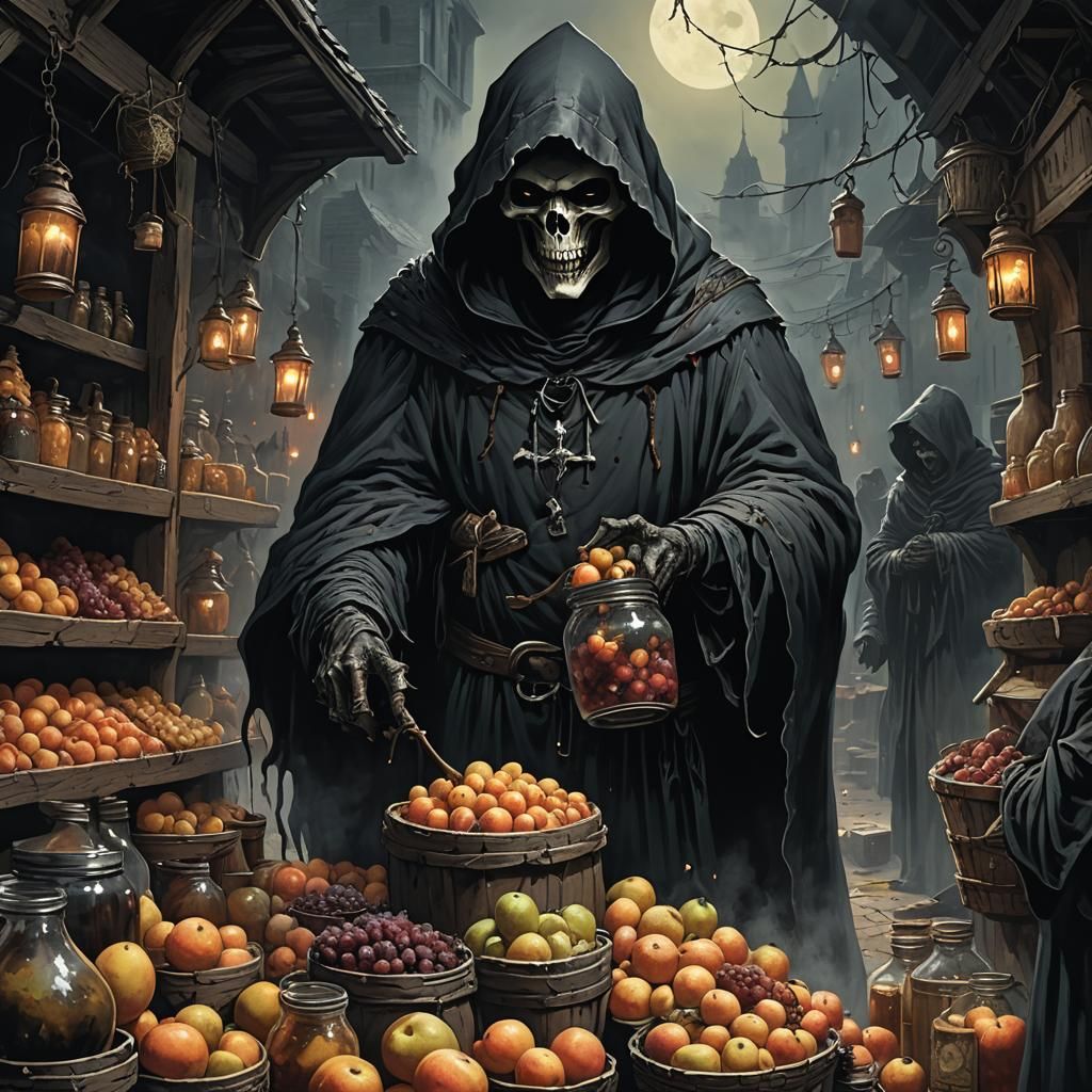 Dark Fantasy Reaper in Eerie Marketplace