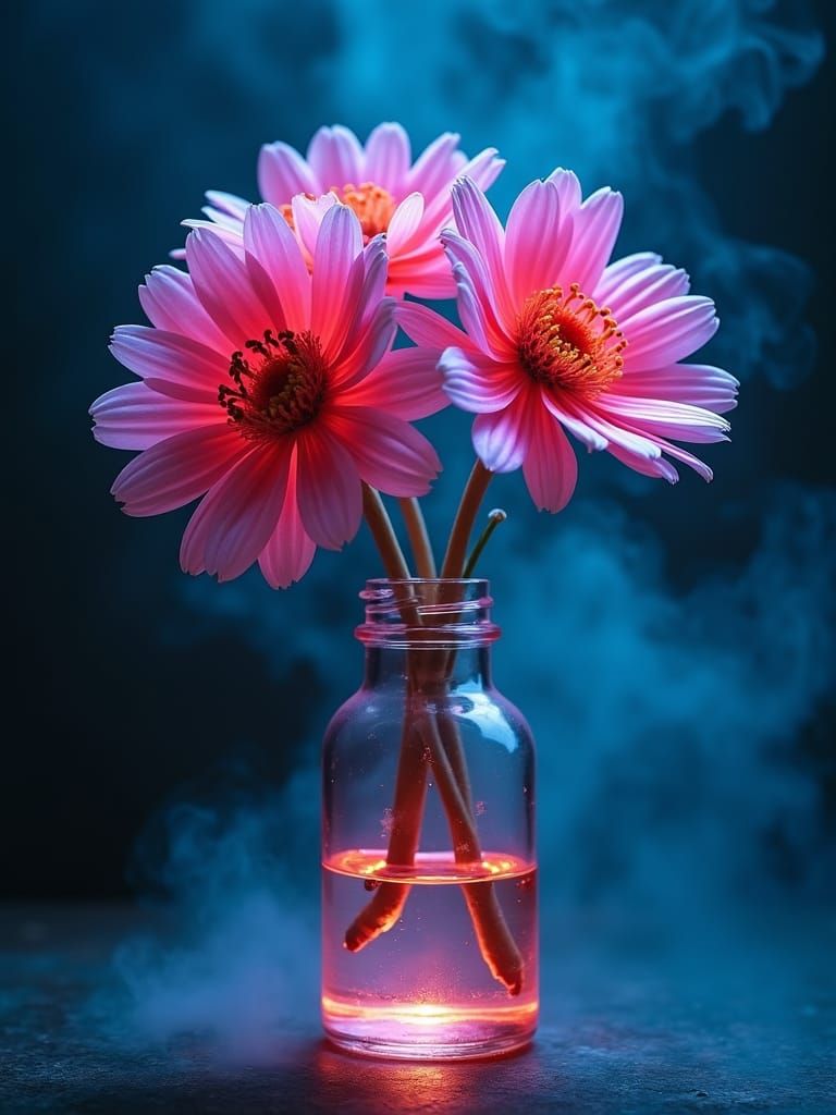 Bioluminescent Neon Flowers in Antique Glass Jar