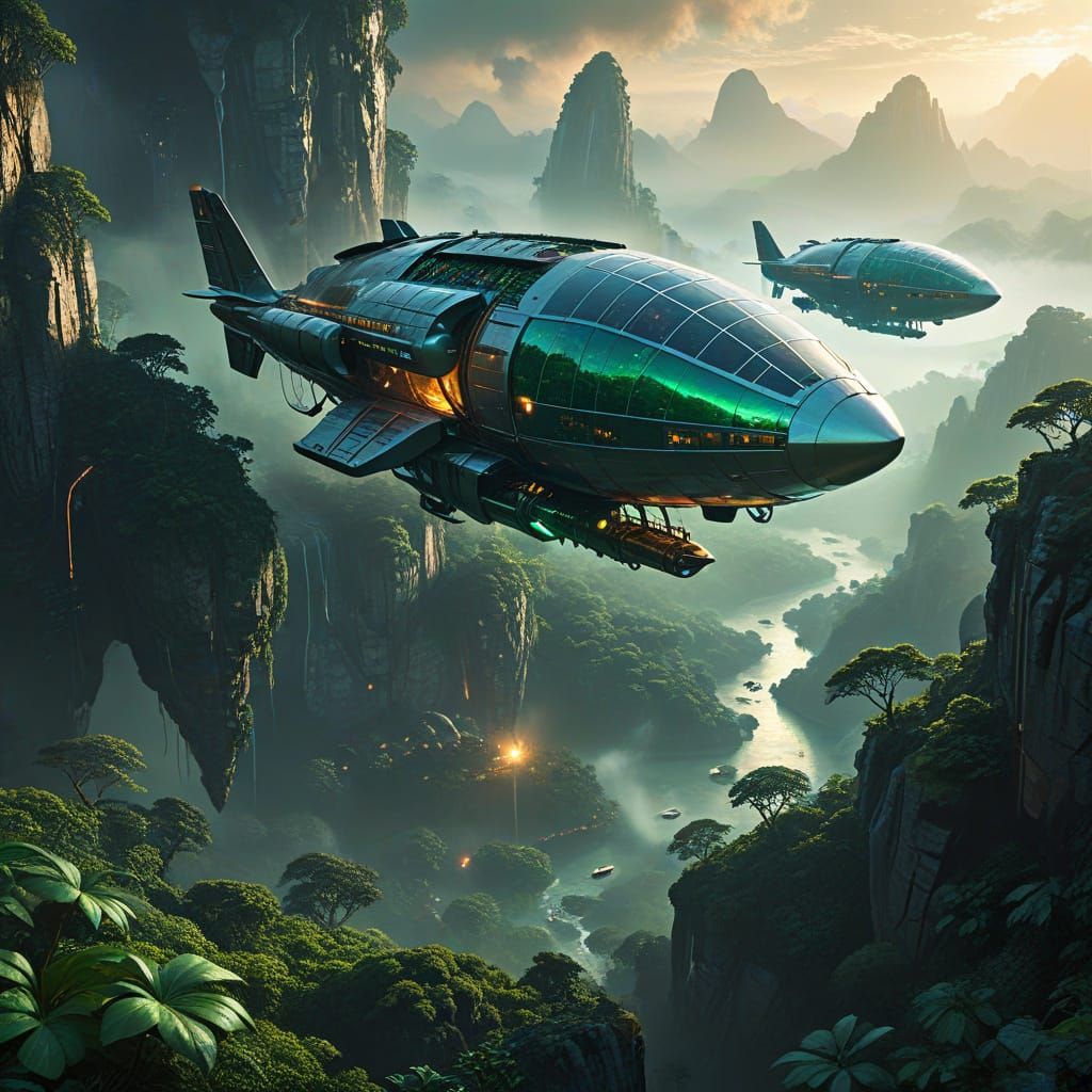 Futuristic Airships Explore Floating Jungles in Digital Art