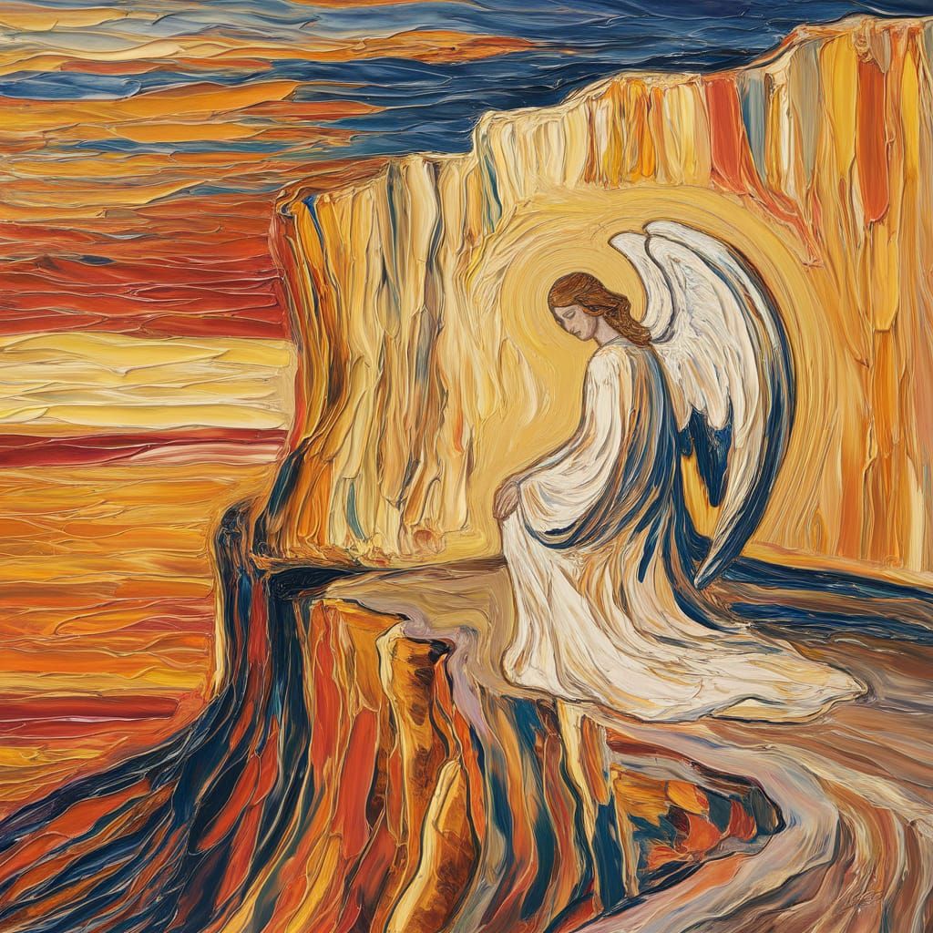 Angel on Cliff Overlooking Warm Landscape in Expressionist S...