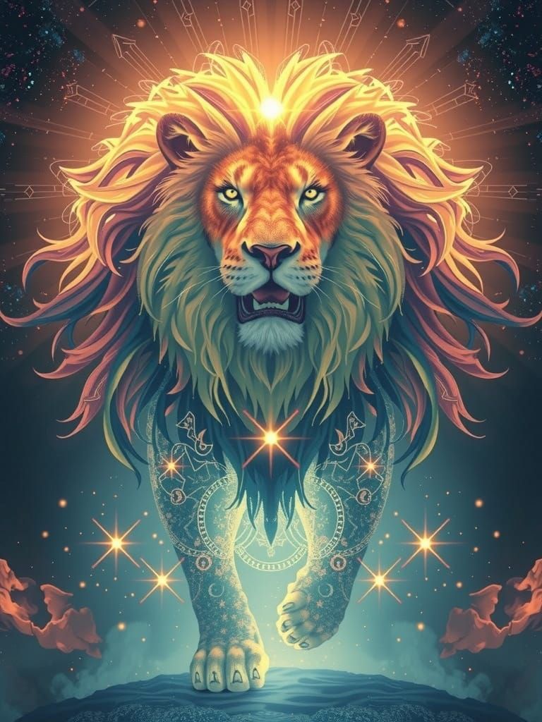 Luminous Lion Hologram in Triadic Colors