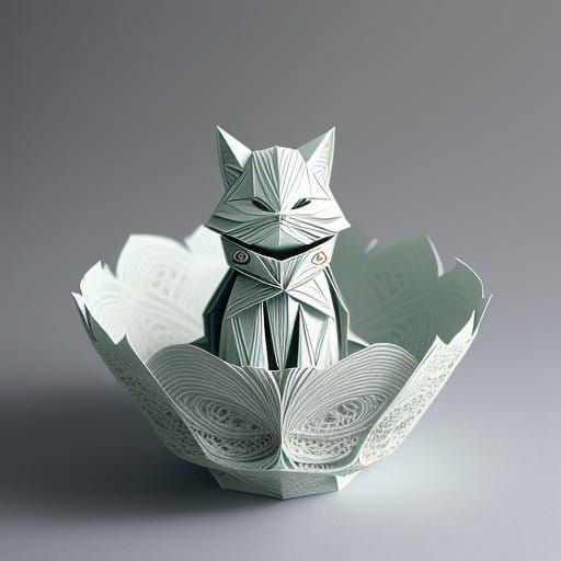 Delicate Whimsical Origami Neko Figurine in Dreamy Papercraf...
