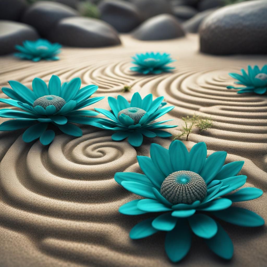 Zen Garden with Teal Flowers: Hyperrealistic Image