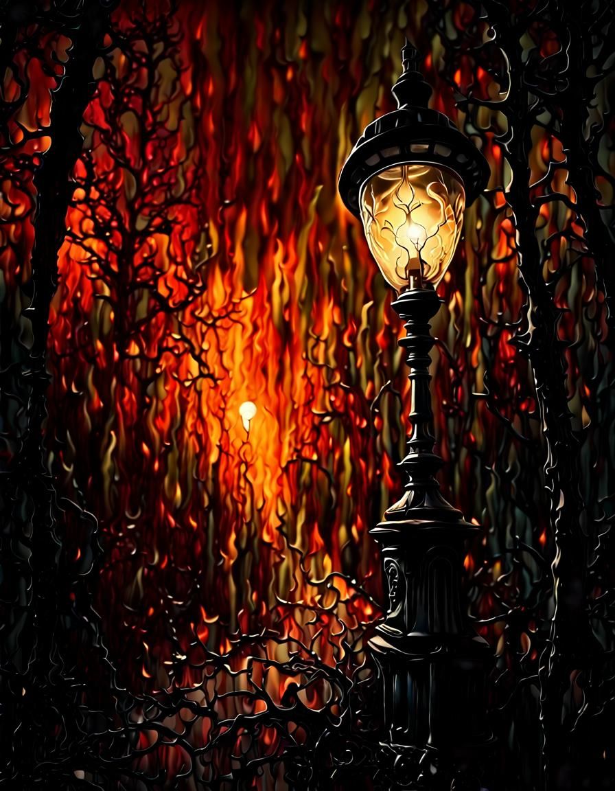 Fiery Gas Lamp Illuminates Dark Forest Path