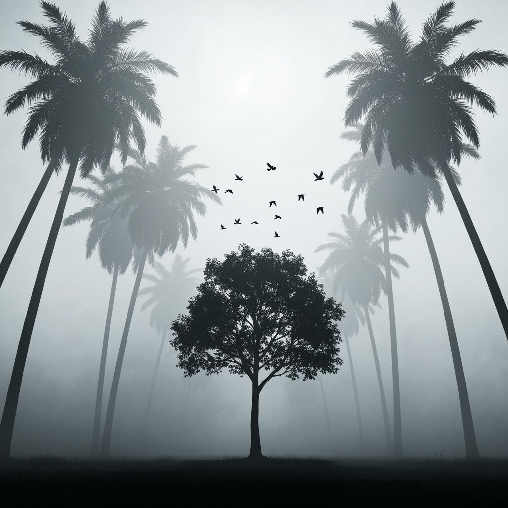Misty Tree Silhouette in Fog, Digital Art