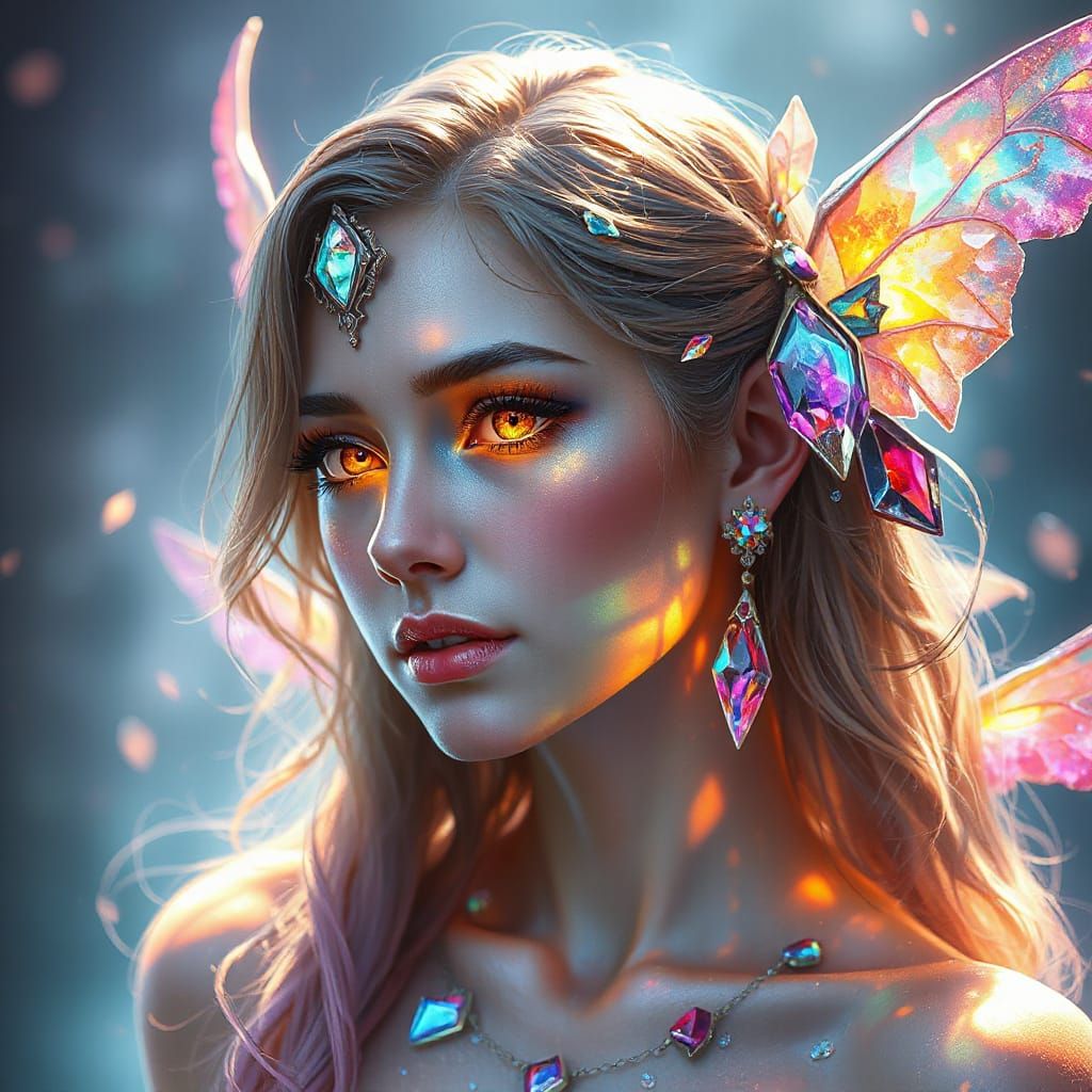 Luminous Fae Portrait with Gemstone Hair