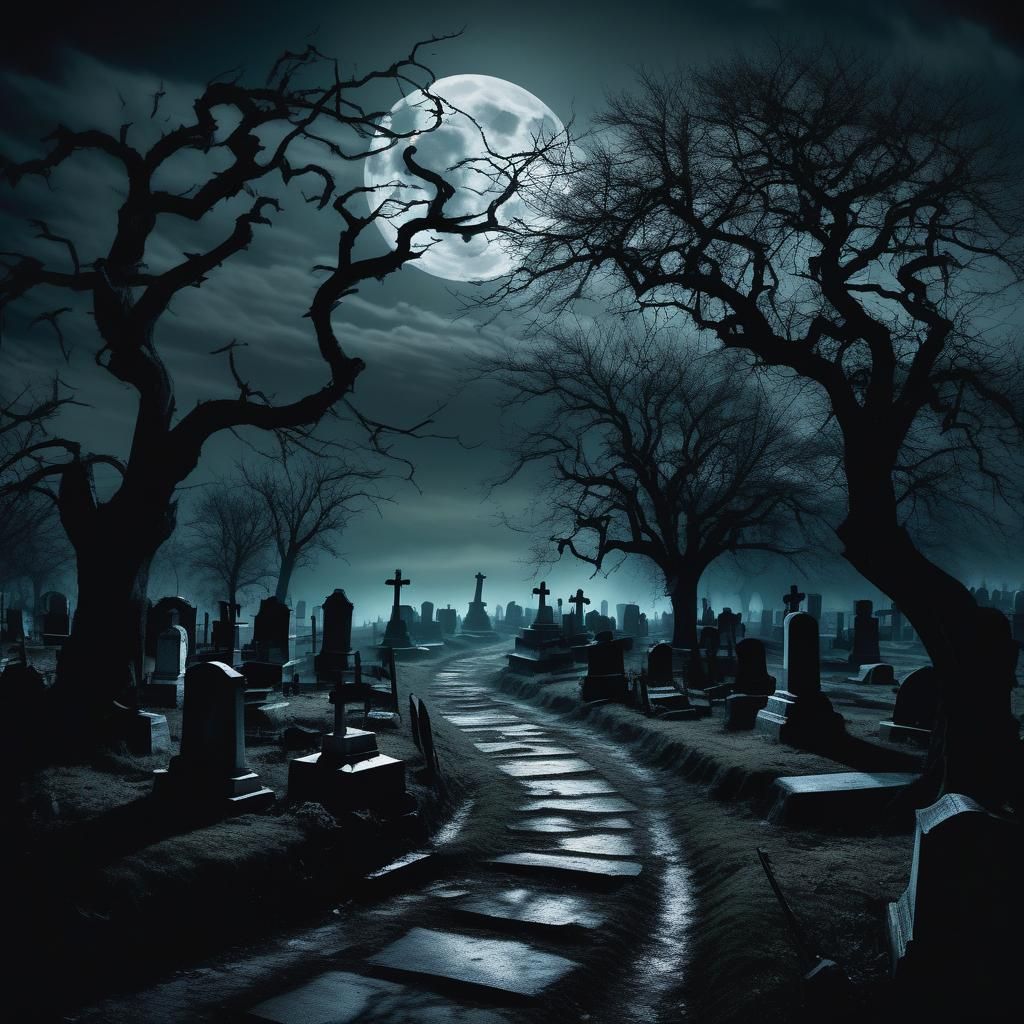 Graveyard at Night Under Full Moon