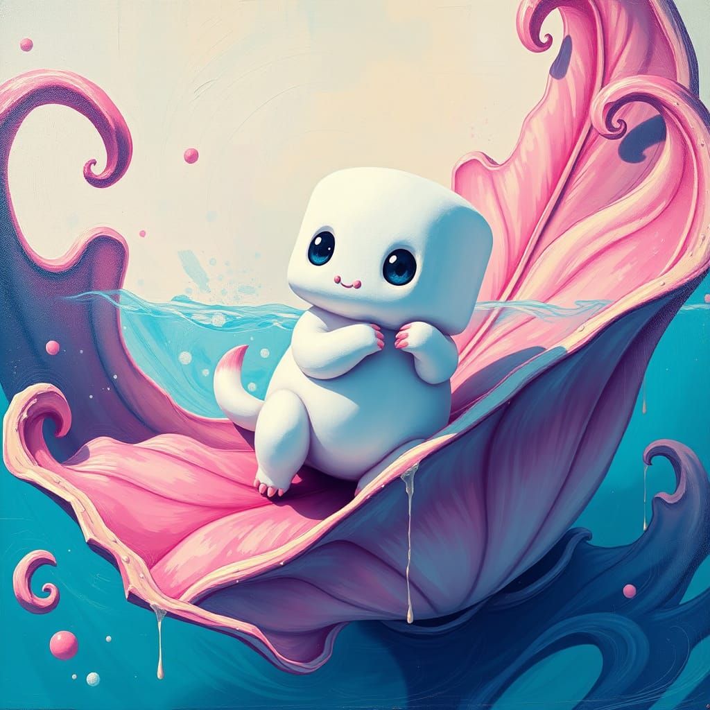 Chibi Marshmallow Creature on Leaf in Graffiti Style