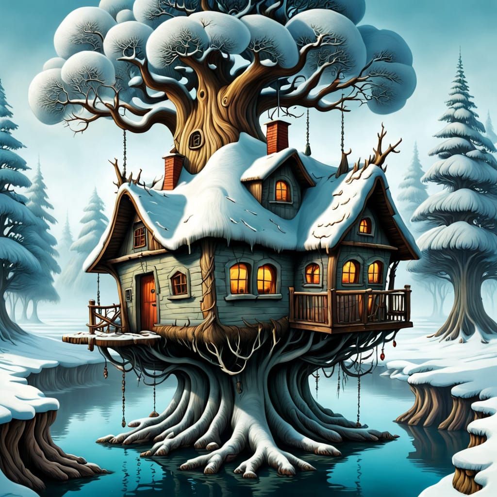 Surreal Winter Cottage Scene in Dreamlike Fantasy Style