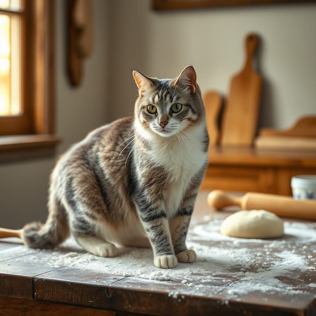 Flour-Covered Cat in Baking Scene