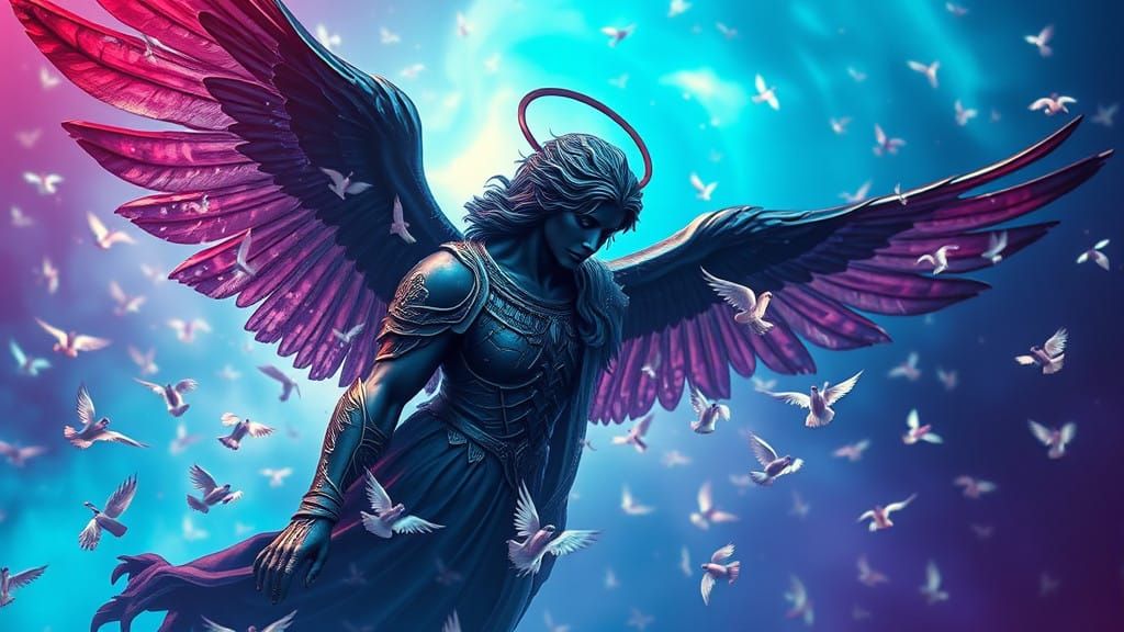 Majestic Black Angel in Cosmic Vortex, Highly Detailed Matte...