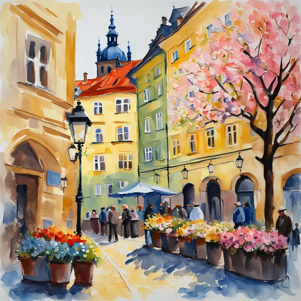Springtime Prague in Gouache Watercolor Style
